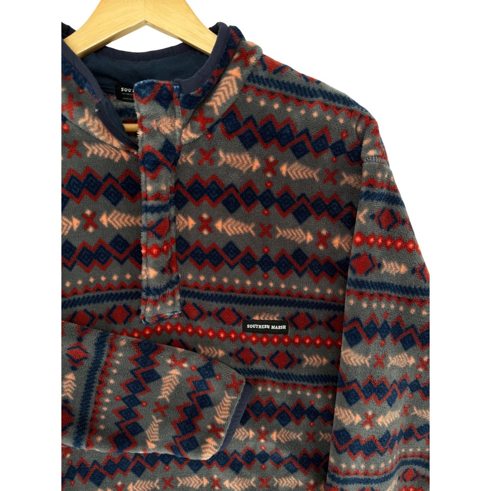 Southern Marsh Mens Gray Southwestern Geometric Fleece Quarter Zip Pullover M